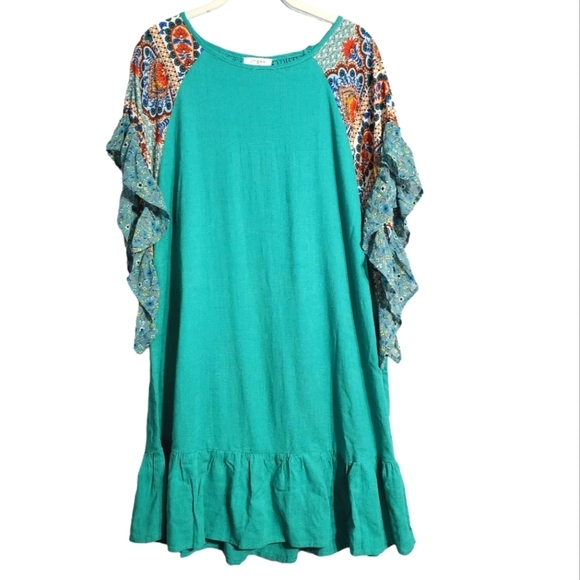 Umgee Linen Blend Boho Ruffle Floral Sleeve Swing Mini Dress M - Picture 1 of 5